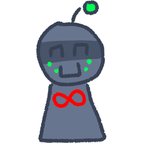 a dark gray robot with a green antenna smiling. On their chest is the red infinity sign that is associated with autism.
